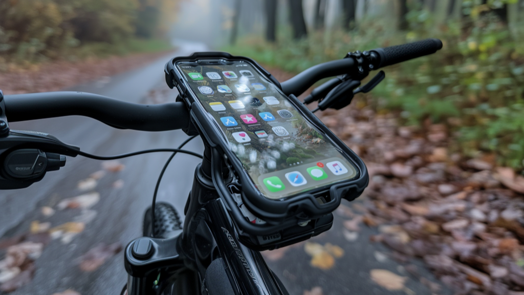 Afbeelding waarop de navigatie van de fietscomputer Bosch Nyon in gebruik te zien is terwijl deze op de fiets is gemonteerd.