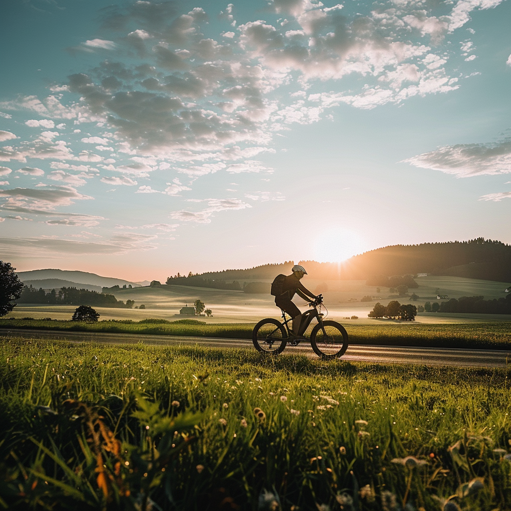 Op deze afbeelding is een man op fietsvakantie te zien. Hij fietst op een mountainbike door een heuvelachtig landschap met een laagstaande zon.